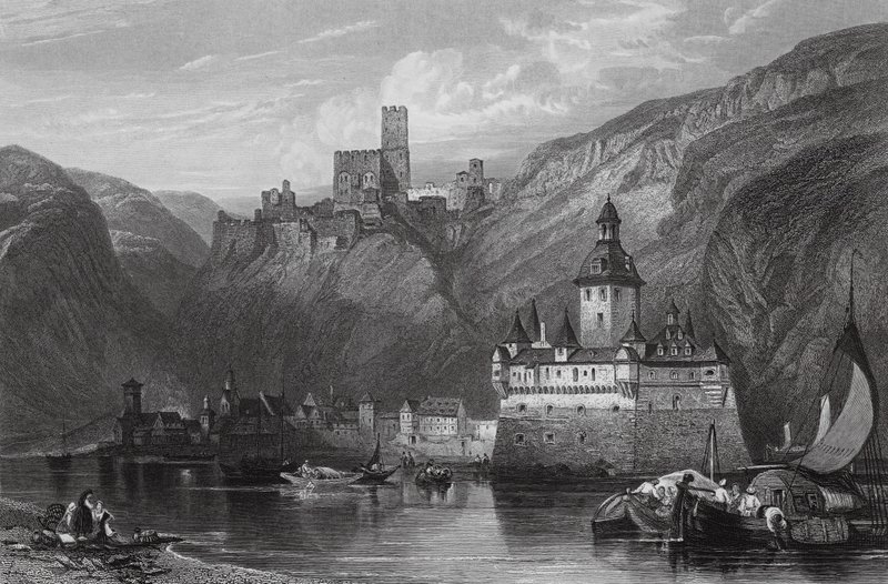 Caub, Castillo de Gutenfels, y el Pfalz, Rin (grabado) de William Leighton (after) Leitch