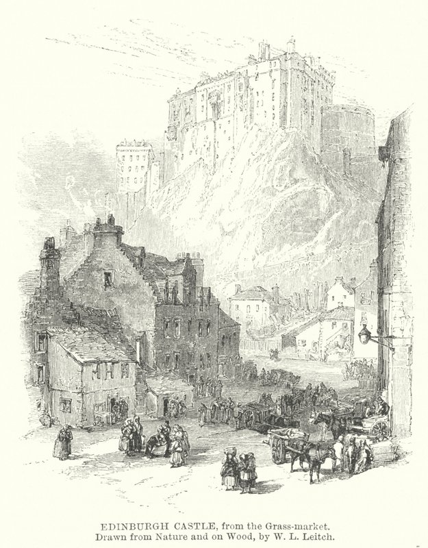 Castillo de Edimburgo, desde el Mercado de la Hierba (grabado) de William Leighton (after) Leitch