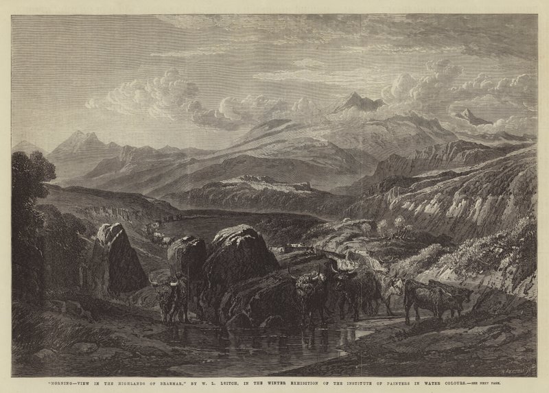 Mañana, vista en las Tierras Altas de Braemar, en la Exposición de Invierno del Instituto de Pintores en Acuarela de William Leighton Leitch
