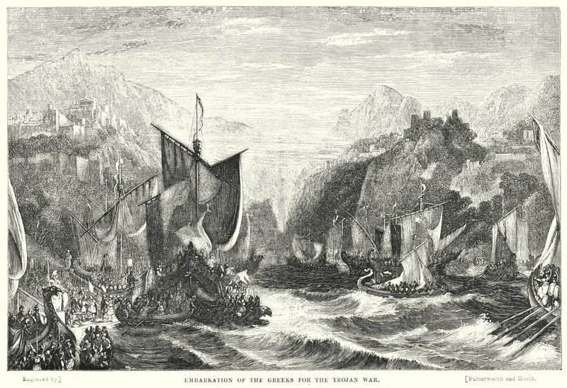 Embarque de los griegos para la guerra de Troya (grabado) de William Linton