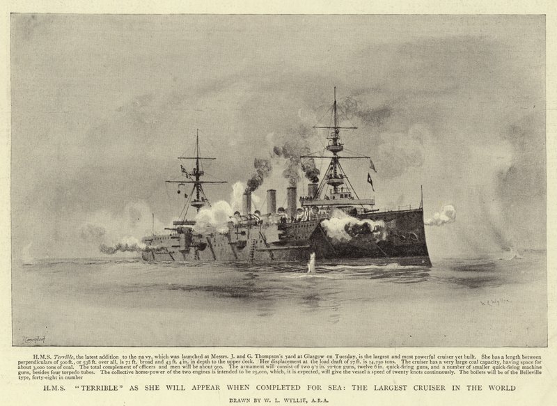 HMS Terrible como aparecerá cuando esté completado para el mar, el crucero más grande del mundo de William Lionel Wyllie