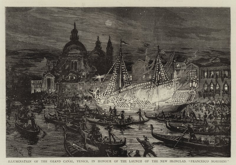 Iluminación del Gran Canal, Venecia, en honor del lanzamiento del nuevo acorazado, Francesco Morosini de William Lionel Wyllie