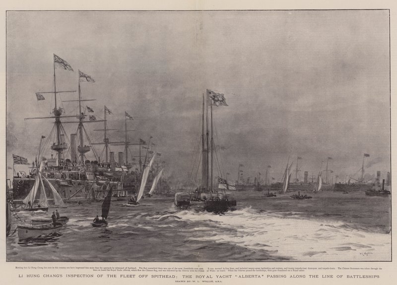 Inspección de la Flota de Li Hung Chang en Spithead, el Yate Real Alberta pasando a lo largo de la Línea de Buques de Guerra de William Lionel Wyllie