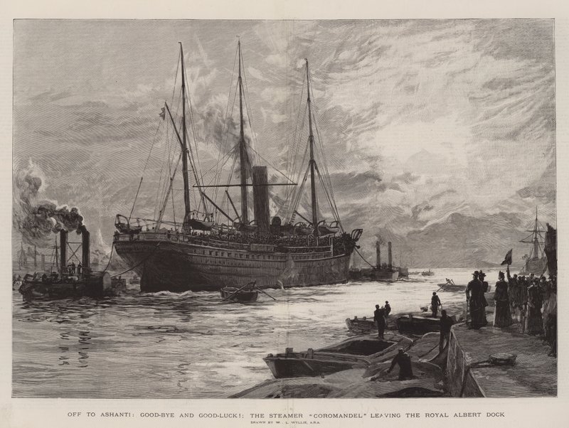 Rumbo a Ashanti, ¡Adiós y buena suerte!, el vapor Coromandel saliendo del Royal Albert Dock de William Lionel Wyllie