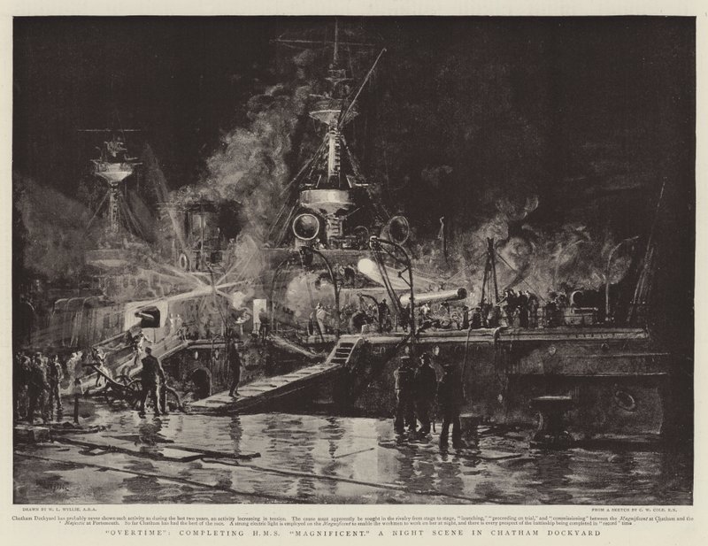 Horas extras, completando el HMS Magnificent, una escena nocturna en el astillero de Chatham de William Lionel Wyllie