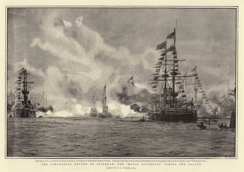 La Revisión de la Coronación en Spithead, el Royal Sovereign disparando el Saludo de William Lionel Wyllie