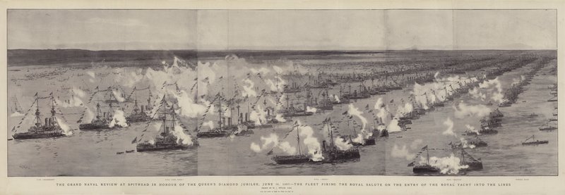 La gran revista naval en Spithead en honor al Jubileo de Diamante de la Reina, 26 de junio de 1897, la flota disparando el saludo real a la entrada del yate real en las líneas de William Lionel Wyllie