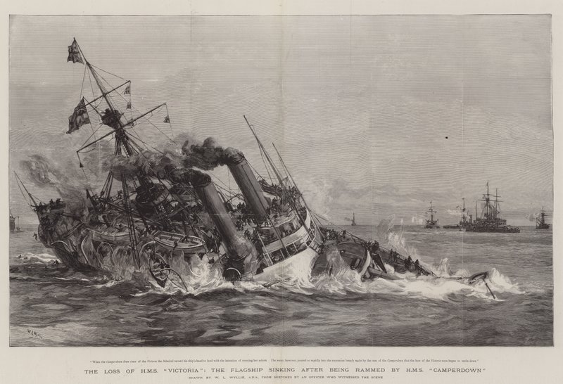 La pérdida del HMS Victoria, el buque insignia hundiéndose después de ser embestido por el HMS Camperdown de William Lionel Wyllie