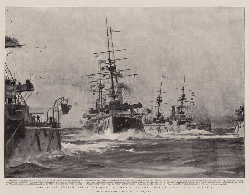 La revisión naval frente a Kingstown en honor a la visita de la reina, tácticas de vapor de William Lionel Wyllie