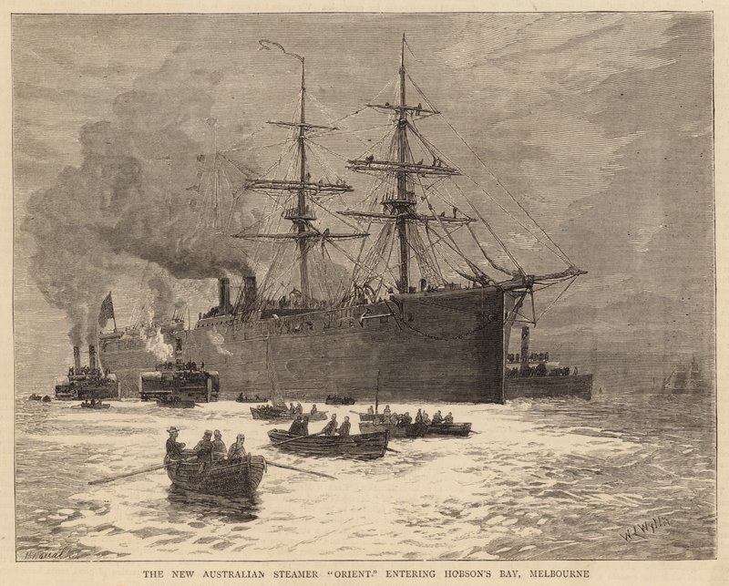 El nuevo vapor australiano Orient entrando en la bahía de Hobson, Melbourne de William Lionel Wyllie