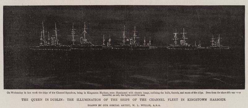 La Reina en Dublín, la iluminación de los barcos de la Flota del Canal en el puerto de Kingstown de William Lionel Wyllie