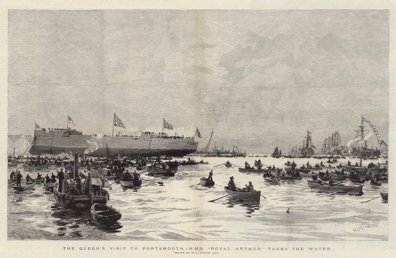 La visita de la Reina a Portsmouth, el HMS Royal Arthur toma el agua de William Lionel Wyllie