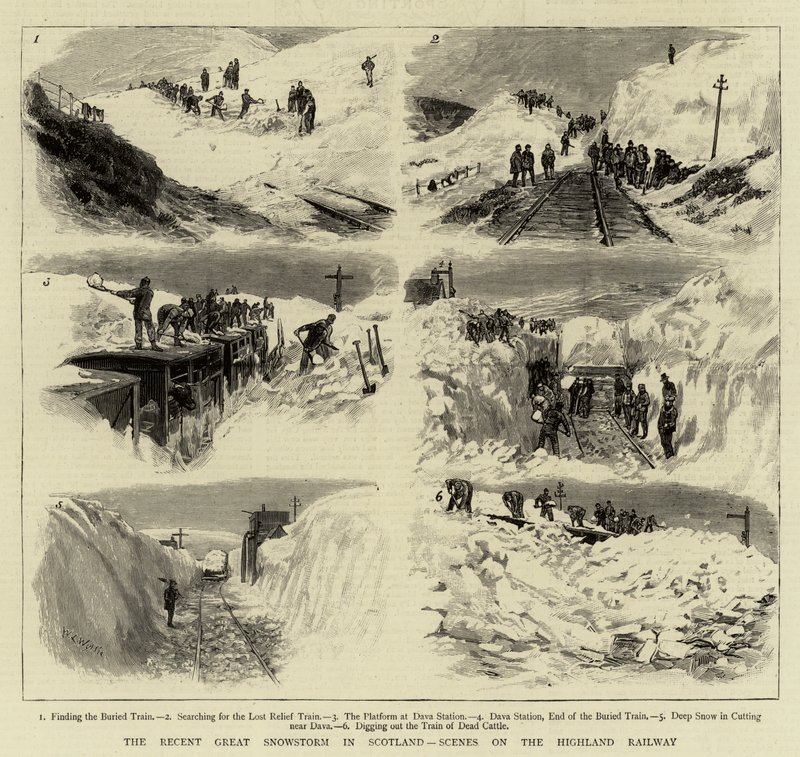 La reciente gran tormenta de nieve en Escocia, escenas en el ferrocarril de las Tierras Altas de William Lionel Wyllie