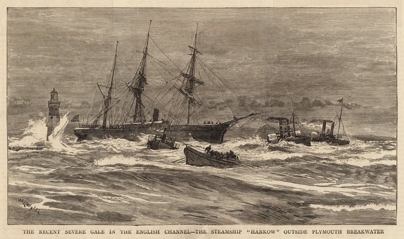 El Reciente Fuerte Temporal en el Canal de la Mancha, el Vapor Hankow fuera del Rompeolas de Plymouth de William Lionel Wyllie