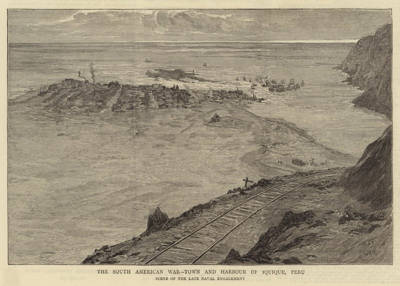 La guerra sudamericana, ciudad y puerto de Iquique, Perú de William Lionel Wyllie