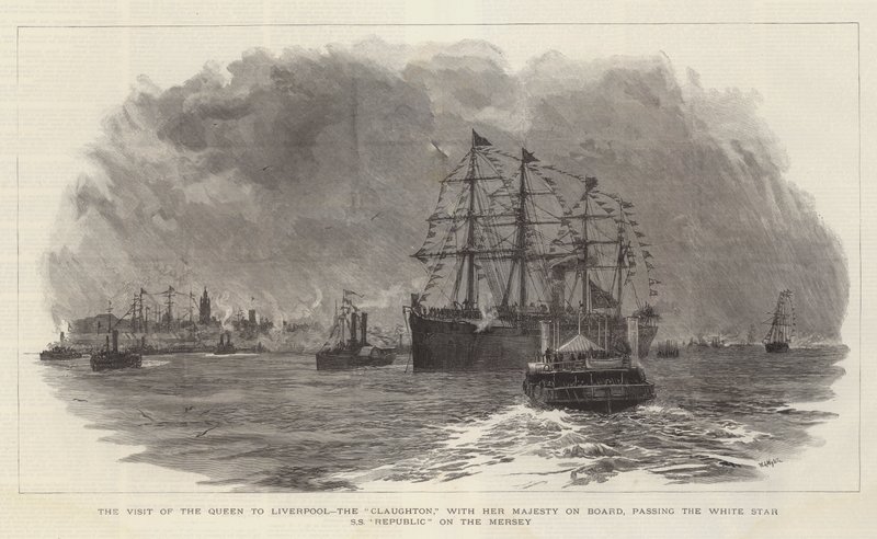 La visita de la Reina a Liverpool, el Claughton, con Su Majestad a bordo, pasando junto al White Star SS Republic en el Mersey de William Lionel Wyllie