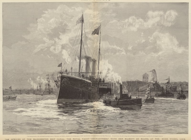 La inauguración del Canal de Navegación de Manchester, el Yate Real Enchantress con Su Majestad a Bordo, en la Esclusa Mode Wheel de William Lionel Wyllie
