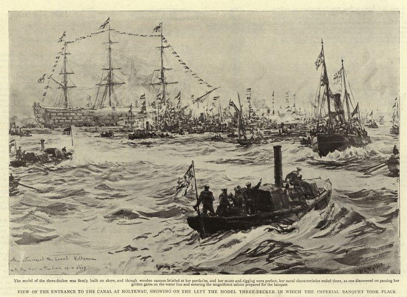 Vista de la entrada al canal en Holtenau, mostrando a la izquierda el modelo de tres cubiertas en el que tuvo lugar el banquete imperial de William Lionel Wyllie