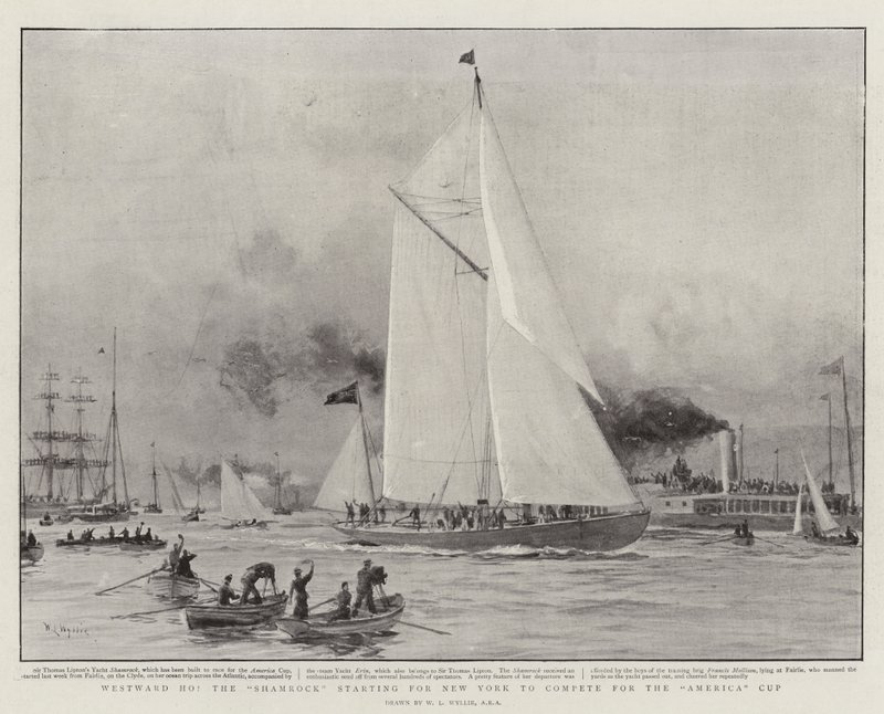 Hacia el oeste, el Shamrock partiendo hacia Nueva York para competir por la Copa América de William Lionel Wyllie
