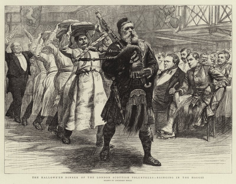 La cena de Halloween de los Voluntarios Escoceses de Londres, trayendo el Haggis de William Lockhart Bogle