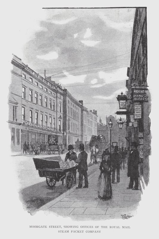 Moorgate Street, mostrando las oficinas de la Royal Mail Steam Packet Company de William Luker