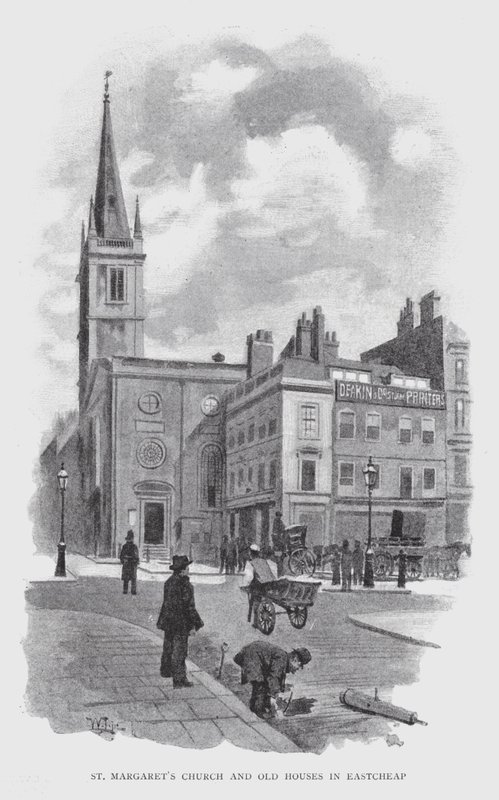 Iglesia de Santa Margarita y Casas Antiguas en Eastcheap de William Luker