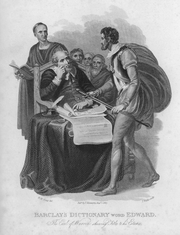 Diccionario de Barclays, palabra: Edward, el Conde de Warren mostrando títulos de sus propiedades de William Marshall (after) Craig