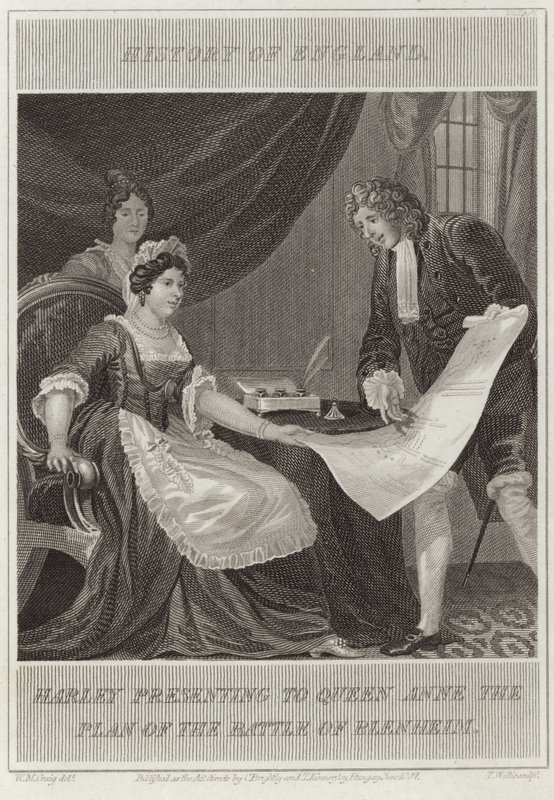 Harley presentando a la Reina Ana el plan de la batalla de Blenheim de William Marshall Craig
