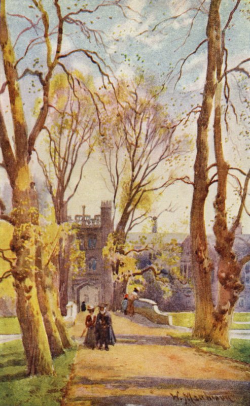 Puente y avenida de Trinity College, con puerta hacia el nuevo patio de William Matthison