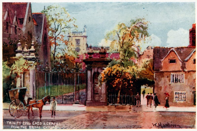 Trinity College, puerta y capilla, desde Broad St de William Matthison