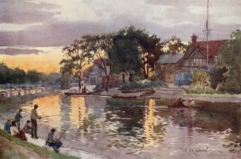 Casas de botes universitarios en el Cam, atardecer de William Matthison