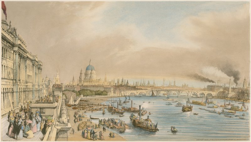 Somerset House, Catedral de San Pablo y Puente de Blackfriars desde el Puente de Waterloo, c.1840 de William Parrott