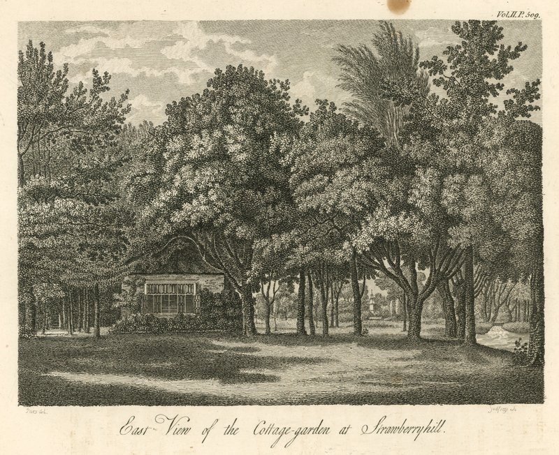 Vista este del jardín de la cabaña en Strawberry Hill, Twickenham, Londres de William Pars