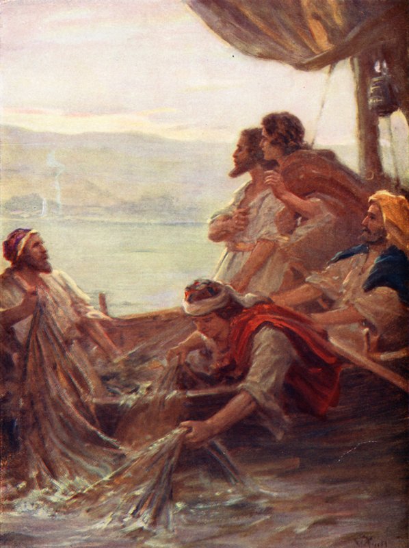 La mañana junto al mar de Tiberíades, Juan xxi, 4-6 (litografía en color) de William Pratt