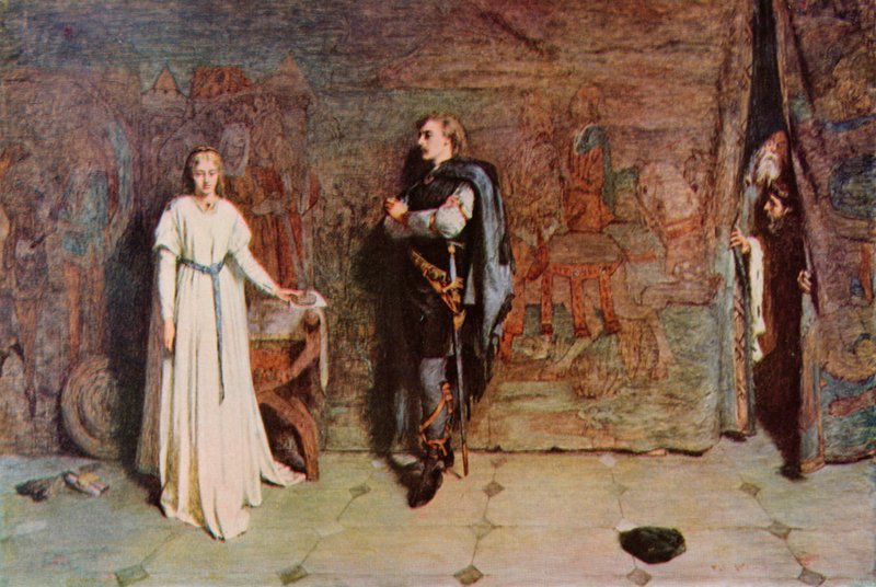 Shakespeare: Hamlet y Ofelia, Hamlet, Acto III, Escena 1 (litografia en color) de William Quiller (after) Orchardson