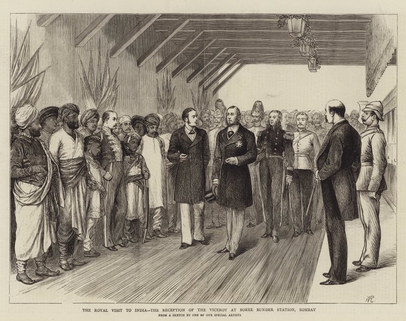 La visita real a la India, la recepción del virrey en la estación Boree Bunder, Bombay de William Ralston
