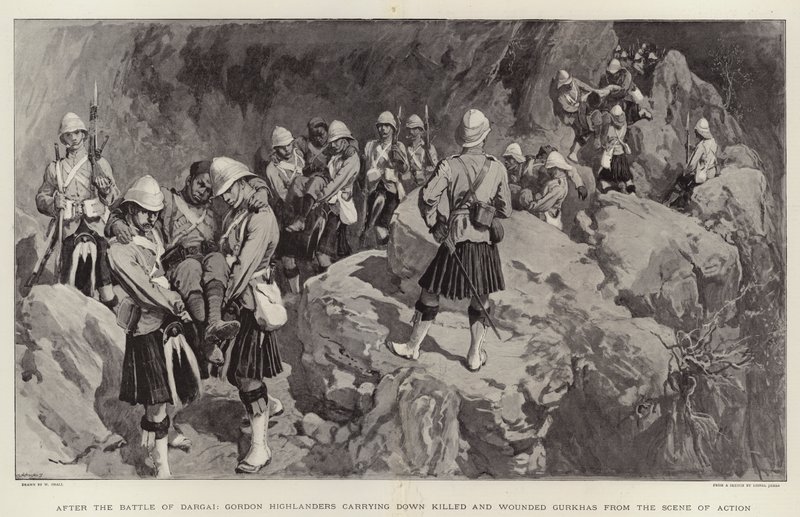 Después de la batalla de Dargai, los Highlanders de Gordon llevan a los Gurkhas muertos y heridos desde el lugar de la acción de William Small