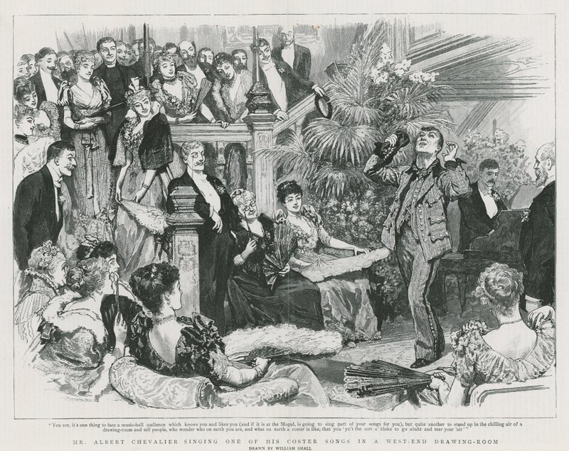El Sr. Albert Chevalier cantando una de sus canciones costeras en una sala de estar del West End de William Small