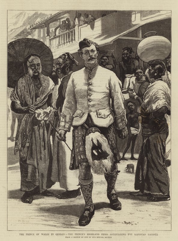 El Príncipe de Gales en Ceilán, el gaitero del Príncipe asombrando a los nativos de Kandy de William Small