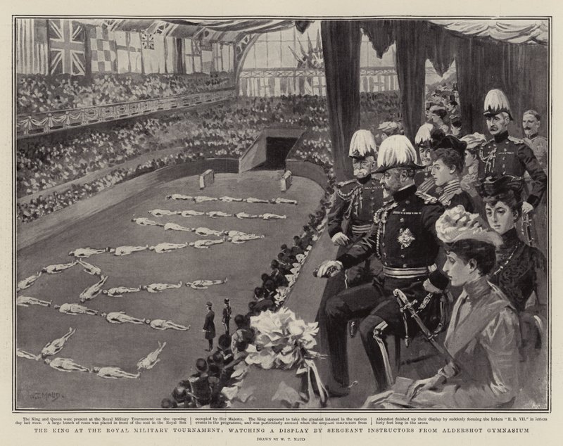 El Rey en el Torneo Militar Real, observando una exhibición de Instructores Sargentos del Gimnasio de Aldershot de William T. Maud