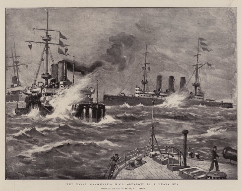Las maniobras navales, H M S Benbow en un mar agitado de William T. Maud