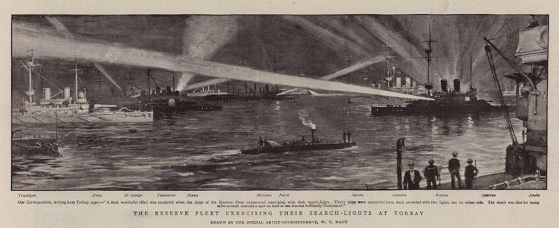 La flota de reserva ejercitando sus reflectores en Torbay de William T. Maud