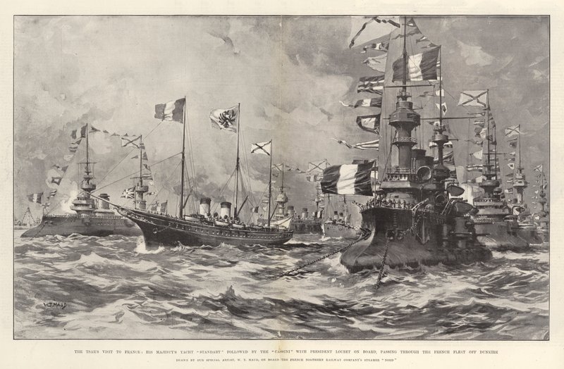 La visita del Zar a Francia, el yate de Su Majestad Standart seguido por el Cassini con el presidente Loubet a bordo, pasando por la flota francesa frente a Dunkerque de William T. Maud