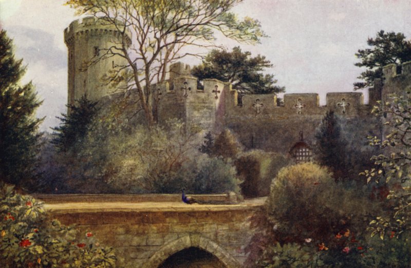 Castillo de Warwick: El puente del foso (litografia en color) de William W. Quatremain