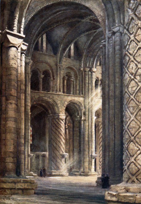 Durham, interior de la catedral mirando a través de la nave hacia el transepto sur (litografía en color) de William Wiehe Collins