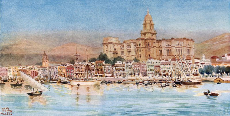 Málaga, vista desde el puerto (litografía en color) de William Wiehe Collins