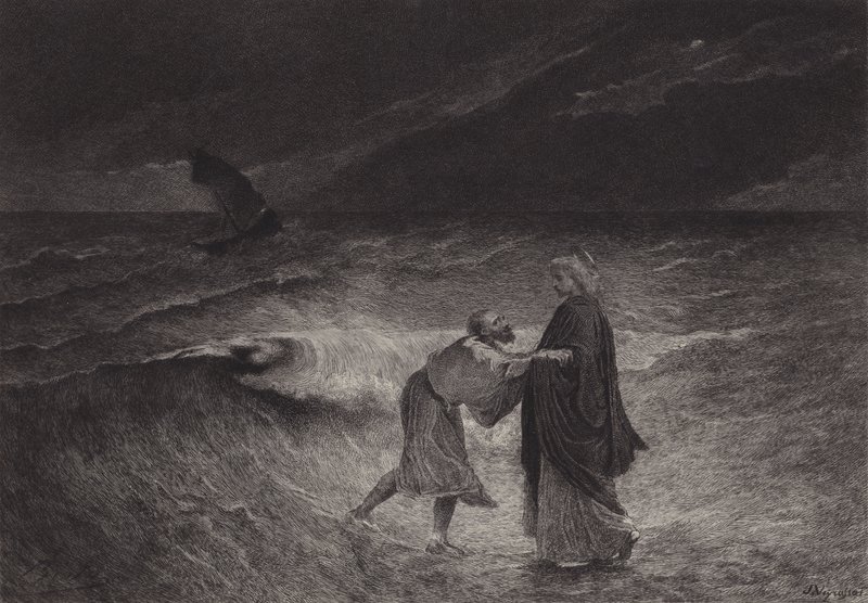 Jesús y San Pedro en el mar de after Albert Robida