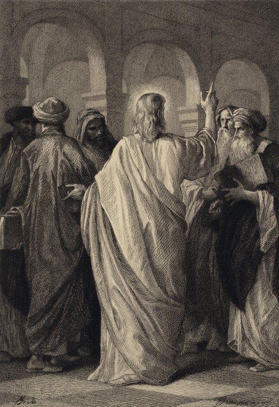 Jesús conversa con los doctores de after Albert Robida