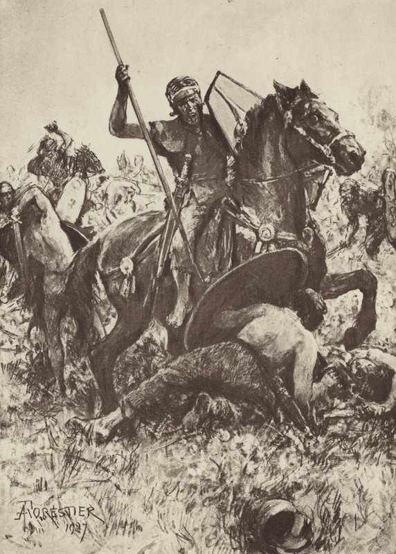 Caballería auxiliar atacando a tribus germanas de after Amedee Forestier