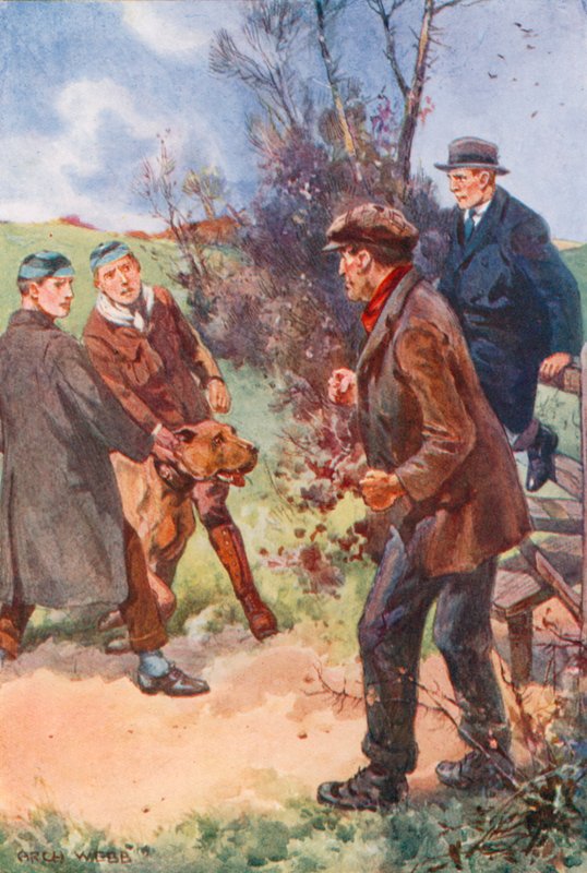 El hombre retrocedió con una risa incómoda, sus ojos aún fijos en el perro de after Archibald Bertram Webb